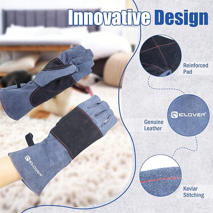 IC ICLOVER Animal Handling Gloves, Snake Bite Proof Gloves, Double Leather | Cat, Dog Training, Bird, Falconry, Snake Reptile Handling, Animal Control, Reinforced Palm Padded, Anti Bite Scratch Gloves
