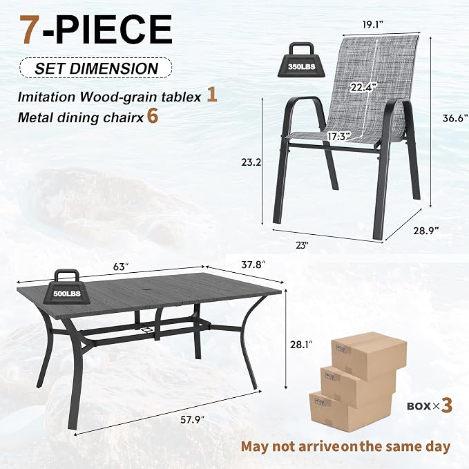 Outdoor Dining Set for 6, Patio Metal Table and Chairs Set with 1.97'' Umbrella Hole, 7pcs Patio Furniture Set 63”x37.8” Dining Table Set with Stackable Chairs for Backyard Pool Deck