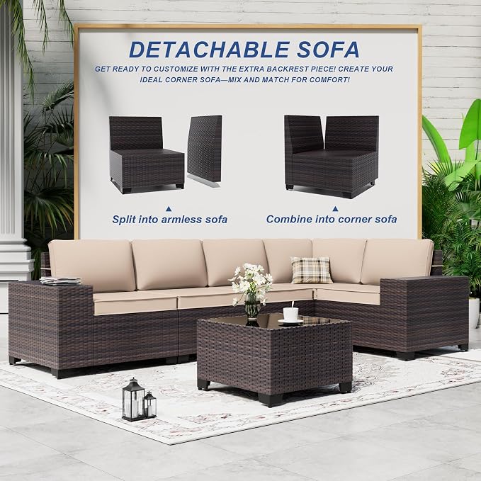 Outdoor Patio Furniture Set with Gas Fire Pit Table, 13 Pieces Outdoor Furniture Set Patio Sectional Sofa w/43in Propane Fire Pit, PE Wicker Rattan Patio Conversation Sets (Sand)