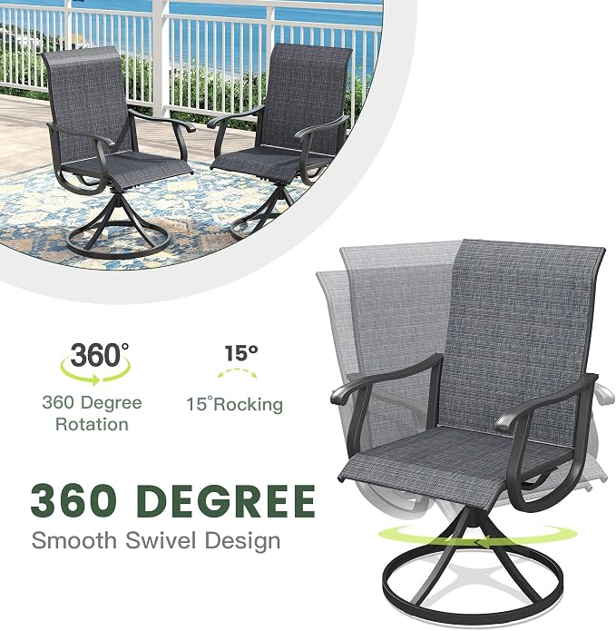 Outdoor Dining Set for 4, 40.6" Metal Round Outdoor Dining Table with Umbrella Hole and Sling Patio Swivel Chairs, 5 Pieces Patio Table and Chairs Set for Garden Backyard, Charcoal and Walnut