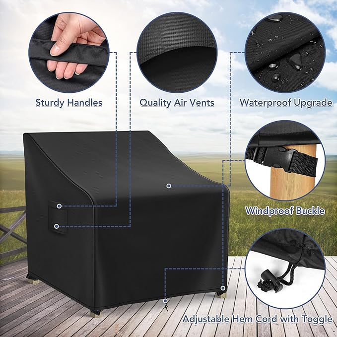 Richwon Patio Furniture Covers Waterproof for Chairs, Lawn Outdoor Chair Covers 2 Pack, Patio Chair Covers for Outdoor Furniture Fits up to 26W x 25D x 34H inches, Black