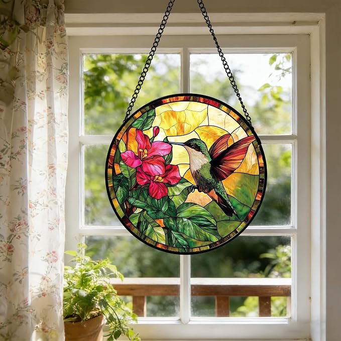 Stained Glass Suncatcher, Hummingbird Red Flowers Green Leaves Sun Catcher Stain Glass Window Hanging Decoration Mother's Day Birthday Gifts for Bird Lover Women Men Mom Nana 11.8 in