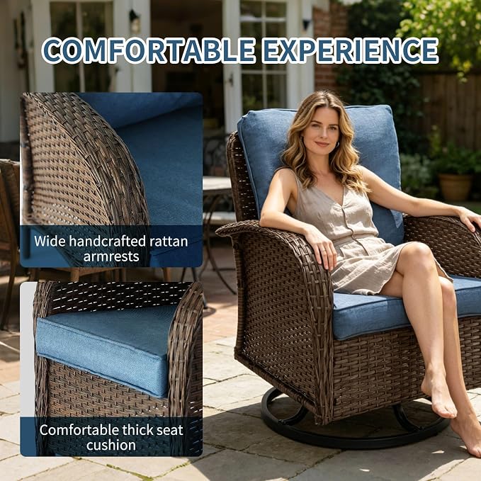 Outdoor Swivel Rocker Patio Chairs (Brown Wicker/Blue Cushion, 7PC/Sofa & Swivel &2 Table & Ottomans)