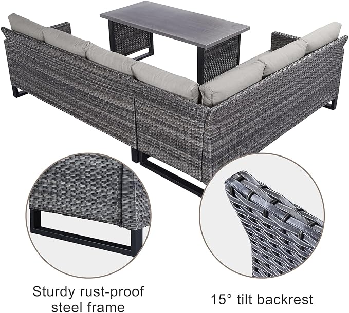 Belord Outdoor Sectional Sofa 6 Seater L Shaped Couch Wicker Patio Conversation Furniture Set Rattan Outdoor Furniture with Removable Washable Cushion Beige