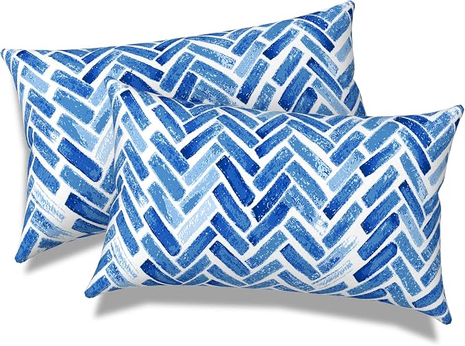 Outdoor Lumbar Pillows, Water Repellent Cushion Pillows 12x20 Inch, Outdoor Pillows with Inserts for Home Garden, Pack of 2, Blue Bricks
