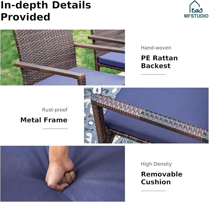 MFSTUDIO 5 Piece Patio Dining Set for 4, Outdoor 37" Square Dining Table with Cushioned Chairs, Deck Dining Furniture Set with Umbrella Hole, Wicker Chairs and Table for Porch, Backyard