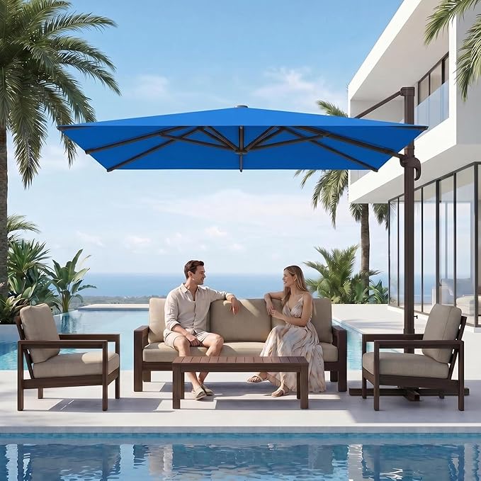 Kingdura 10' X 10' Cantilever Patio Umbrella with Base Included, Large Square Aluminum Outdoor Offset Umbrella with 360-degree Rotation, 4 Position Tilt, UV Protection for Pool Deck Garden Patio (Royal blue)
