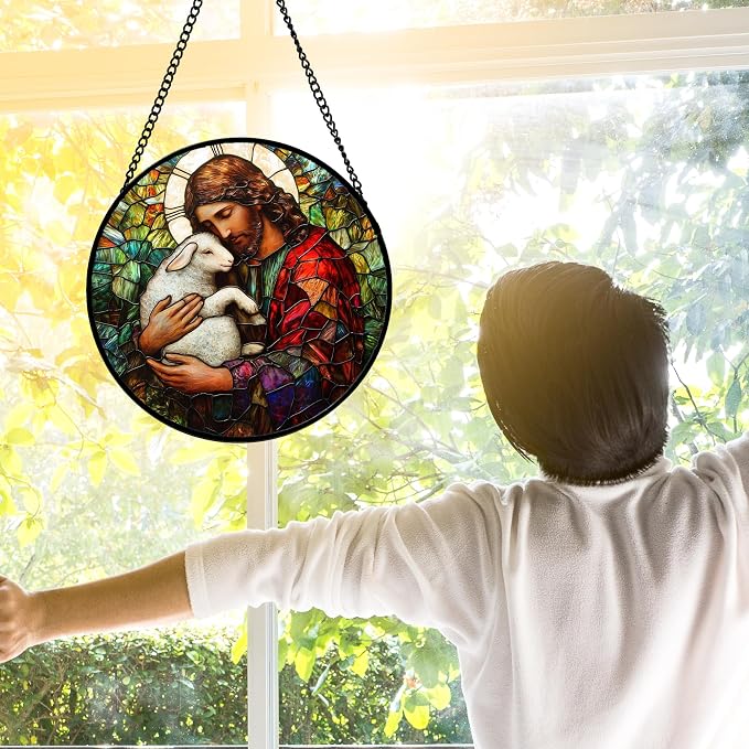 DASTOLL Stained Glass Window Hanging, Jesus Little Lamb Sun Catchers Colorful Glass Panel Christianity Suncatcher Decor for Birthday for Women, Men, Wife, Aunt, and Mom 11.8x11.8 in