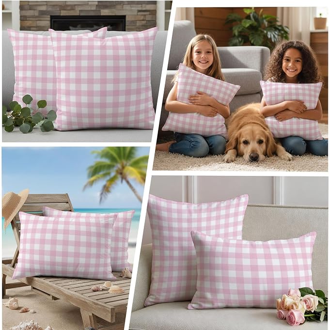 Light Pink Checks Outdoor Pillow Covers 26"x26" Set of 2, Gingham Plaid Abstract Modern Minimalist Waterproof Throw Pillow Covers for Patio Furniture, Decorative Cushion Covers for Porch