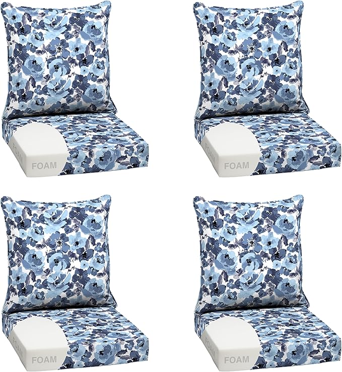 Arden Outdoor Deep Seat Cushion Set, Foam, 24x24, Blue Garden Floral | 4-Pack, Sofa, Couch, Conversation Set, Premium High-Density Foam, Never Flattens, Mold and Mildew Resistant