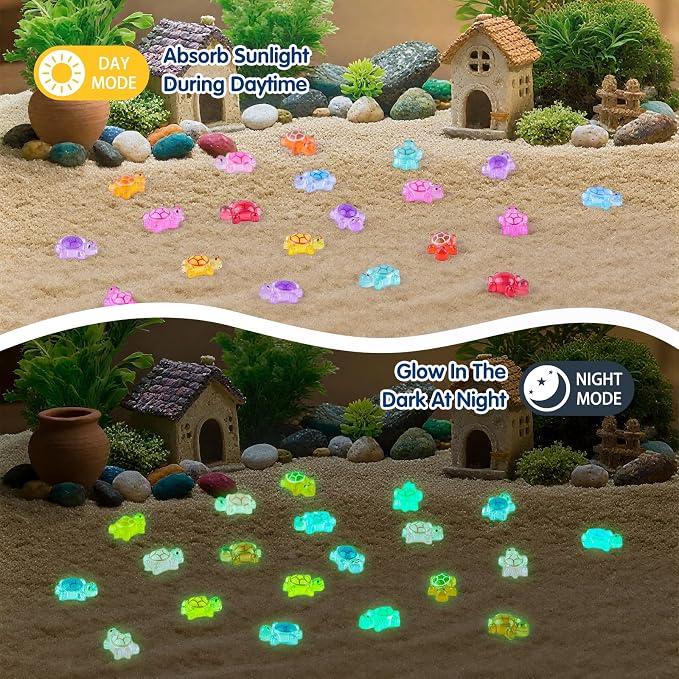 200 Pcs Mini Resin Turtle with 1 Pc Jumbo Resin Purple Turtles, Luminous Miniature Tiny Turtles to Hide Glow in The Dark for Fairy Garden Dollhouse Micro Landscaping