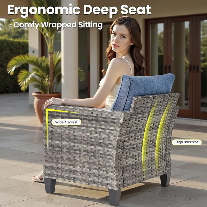 ovios 5 Pieces Patio Furniture Set, Outdoor Wicker Rattan Chairs of 4 with 30" Fire Pit Table, High Back Chair Conversation Sets for Porch Deck Garden, Denim Blue
