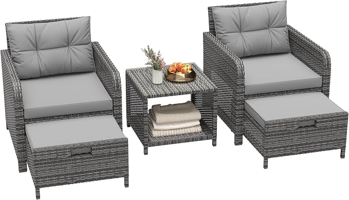 LHBcraft 5 Piece Outdoor Furniture Set, PE Rattan Balcony Furniture with Soft Cushions, Patio Set 2 Ottoman & Table for Porch, Lawn, Garden, Grey