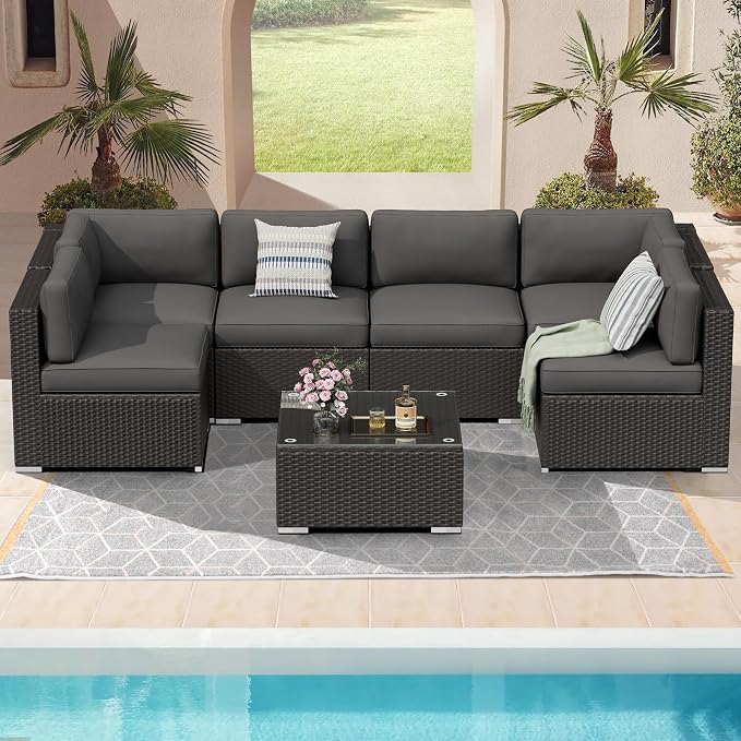 8 Pieces Outdoor Patio Furniture Set with Waterproof Cover, Black Brown Wicker Patio Sectional Sofa Set, Outdoor Couch with Cushion and Tempered Glass Table, Grey