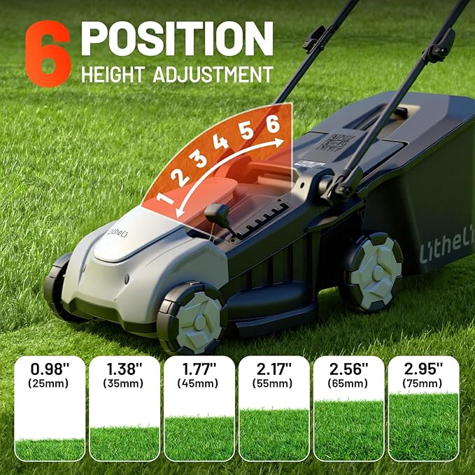 Litheli Lawn Mower Cordless 16 Inch, 6 Heights Adjustment, U20 Series 20V Electric Lawn Mowers for Garden, Yard and Farm, Light-Weight with Brushless Motor, （2 x 5.0Ah Battery Included）