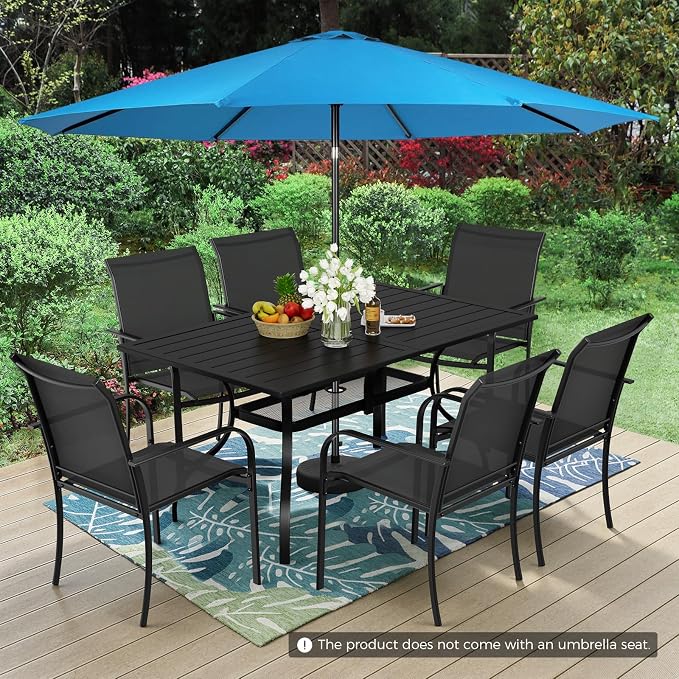 Incbruce 8 Pieces Patio Dining Set with Sky Blue Umbrella, Outdoor Dining Set of 6 Textilene Chairs and Rectangle Table with Umbrella Hole for Backyard, Garden, and Poolside (Black)