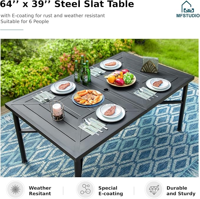 MFSTUDIO Patio Table and Chairs Set with Umbrella Hole, Outdoor Dining Set for 6 with Swivel Chairs, Outdoor Patio Furniture Set for Deck, Backyard, Poolside & Garden