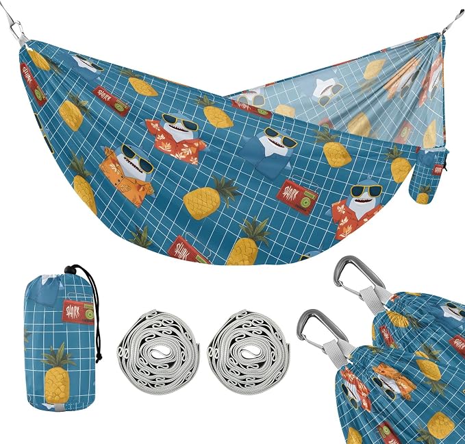 Camping Hammock Outdoor Hammocks for Outside Blue Shark Pineapple Beach Trees Portable Lightweight with Pockets Tree Straps Indoor