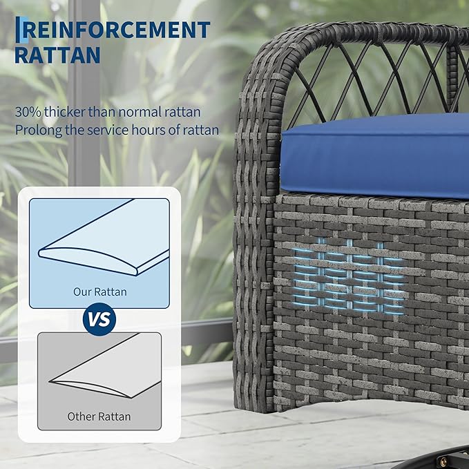 Outdoor Swivel Rocker Chairs Set, 3-Piece Patio Furniture with Washable Cushions & Glass Tabletop, Swivel Glider Rocker Set for Deck Porch Balcony Backyard Garden, Gray Wicker & Blue Cushions
