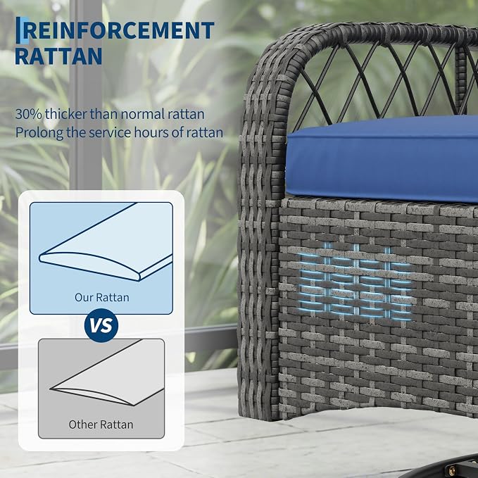 3-Piece Patio Furniture Set, 2 Swivel Rocking Chairs with 1 Rattan Side Table, Tempered Glass Tabletop, Patio Conversation Set for Deck, Porch, Garden, Poolside (Gray Wicker & Blue Cushions)