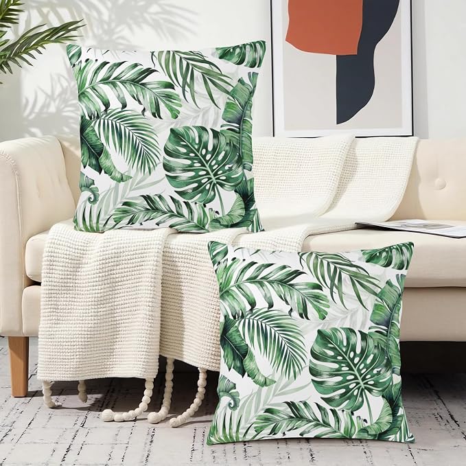 Tropical Pillow Covers Summer Palm Leaf Throw Pillow Covers 24x24 Hawaiian Green Monstera Banana Leaves Pillow Cases Linen Outdoor Cushion Cases for Home Bedroom Living Room 2Pcs