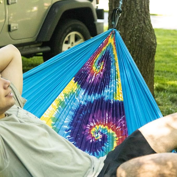 Hammock in a Bottle By Castaway Living, Tiedye Double Camping Hammock with 2 Tree Straps, 32 oz. Bottle, Triple Stitched Durable Nylon Material, Compact Design for Travel, Beach, Backyard, 400 Lbs.
