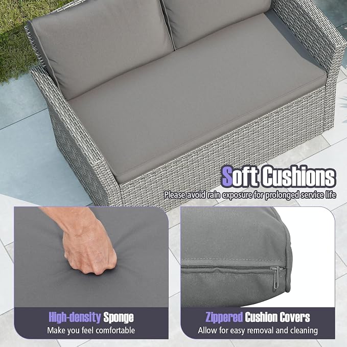 Tangkula 8 Pieces Patio Furniture Set, Outdoor PE Wicker Sectional Conversation Bistro Set with 2 Rattan Chairs, Loveseat, 2-Tier Tempered Glass Coffee Table and Cushions for Balcony, Garden
