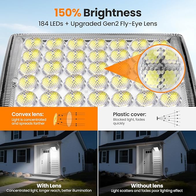 Solar Lights Outdoor Waterproof, Motion Sensor Outdoor Lights, 3 Modes 184 LED 150% Bright Upgraded Convex Lens 16.4 Ft Cord, Dusk to Dawn Solar Flood Light for Porch, Patio, Yard, Garage
