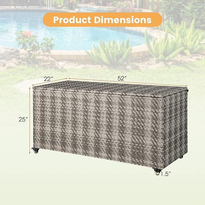 Giantex 96-Gallon Outdoor Storage Box - PE Wicker Deck Box with Lid, 4 Wheels, Waterproof Liner, outside Rattan Storage Container for Patio Cushions, Garden Tools Accessories Storage Box (Mix Gray)