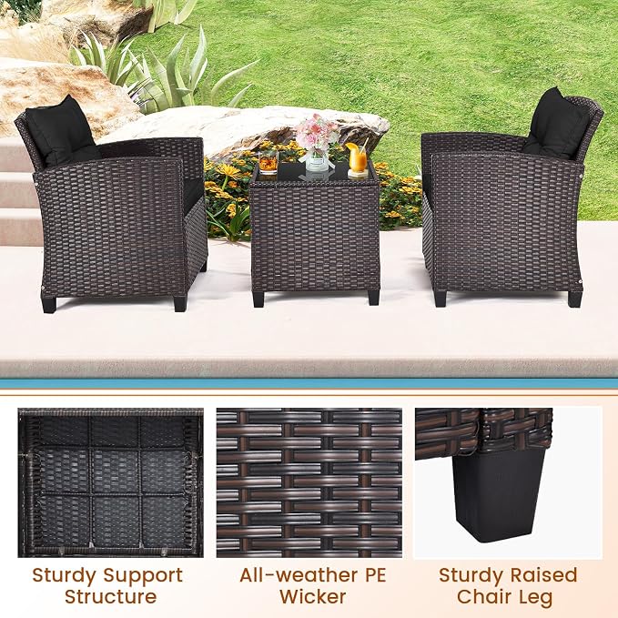 3-Pieces Patio Furniture Set, PE Wicker Chairs Sofa Set with Removable Cushions & Glass Top Side Table, Outdoor Wicker Rattan Conversation Chair for Porch,Backyard, Balcony (Black)