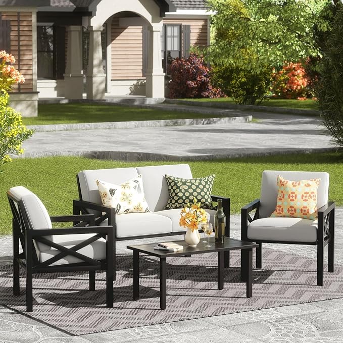 4-Piece Outdoor Patio Furniture Set, Metal Sectional Sofa with Cushions and Coffee Table, Patio Conversation Set for Balcony Garden Outdoor Seating(Beige)
