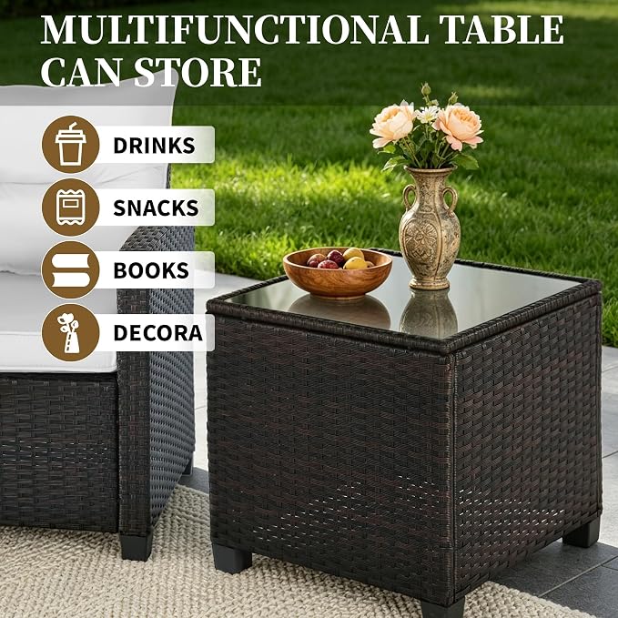 3 Pieces Patio Furniture Set,Outdoor Wicker Conversation Set,Outdoor Wicker Patio Chairs with Cushions & Glass Coffee Table,Bistro Set Outdoor for Porch (White)