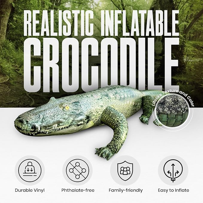 Jet Creations Inflatable Alligator, 49" Realistic Gator Float for Pool, Vinyl Inflatable for Garden Pool Halloween Decoration, Safari Theme Birthday Decoration, Bird Deterrent | Curved tail creates an impressive 76" body length from nose to tail with r...
