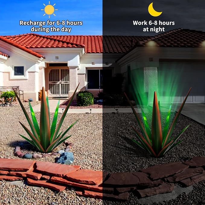 KODIBO 24" Large Metal Agave Plant Outdoor Decor with Solar Light, Black | Waterproof Solar Garden Light, Rust-Resistant Metal, Hand-Painted Finish, Tequila Rustic Sculpture, Desert Steel Yard Art