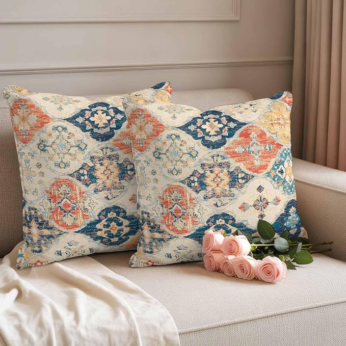 Outdoor Waterproof Pillow Covers for Patio Furniture Morocco Boho Decorative Throw Pillow Cover Vintage Ethnic Bohemian Pillowcases Set of 2 Cushion Case for Sofa Couch Chair Home Decor 18x18 inch