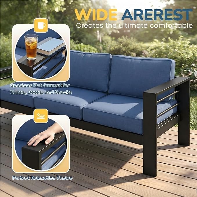 Wisteria Lane Aluminum Patio Furniture Set for All Weather, Oversized Metal Outdoor Furniture Set with 27.5" Deep Seat and 10" Back Cushion, Patio Conversation Sets with Wide armrest, Blue