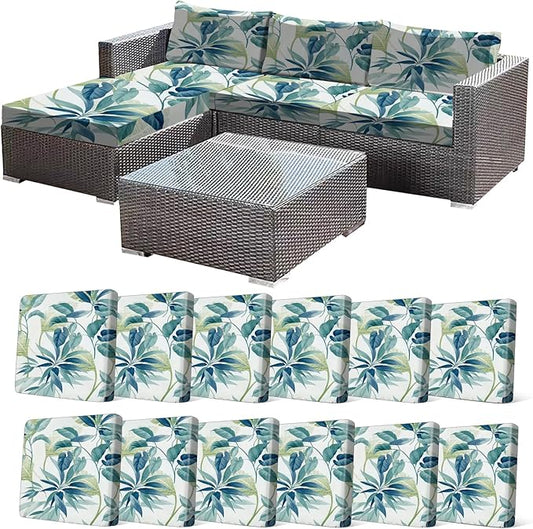 CALBODE 12 Pcs Stretch Outdoor Seat Cushion Covers, Botanical Chair Seat Cover for Patio Furniture Cushions Washable Reusable Indoor and Outdoor Couch Cover Replacement (Blue Leaves, Cover Only)