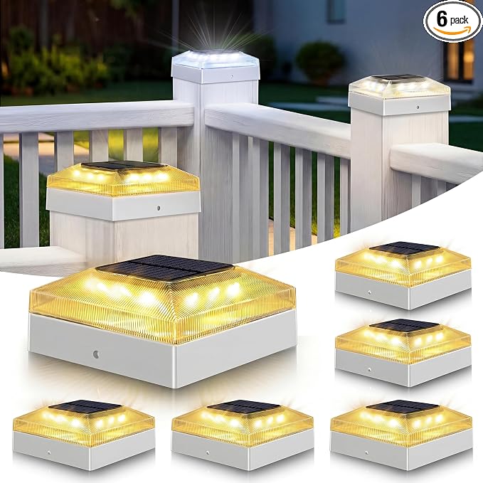 4x4 Solar Post Cap Lights Outdoor 6 Pack, 3 Color Modes/Dusk to Dawn/IP65 Waterproof, Fits 4x4 Vinyl/PVC Wood Posts Top, White LED Fence Topper Light for Deck, Porch, Backyard