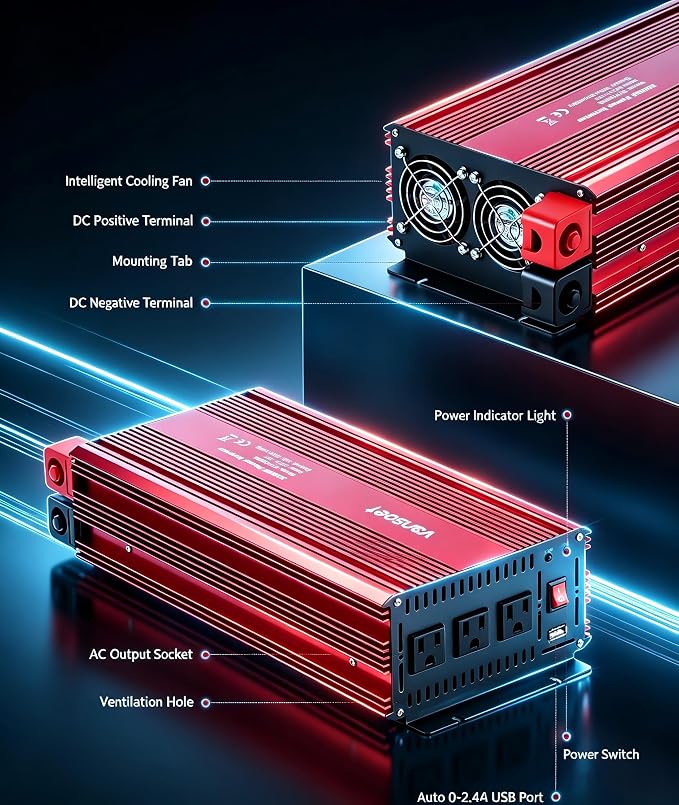 3000 Watts Power Inverter - vansoet 12V dc to 110/120V ac Car Inverter with 3 AC Outlets & Dual USB Ports for Vehicles, Ideal for Home, Emergency, Camping, RV, Truck, and Travel (Red)