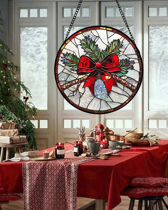 DASTOLL Stained Glass Window Hanging - Pine Branches Red Bow Suncatcher for Doors Home Christmas Decoration Silver Sun Catcher Thanksgiving New Year Birthday Gifts for Women Men Mom Nana 15 in