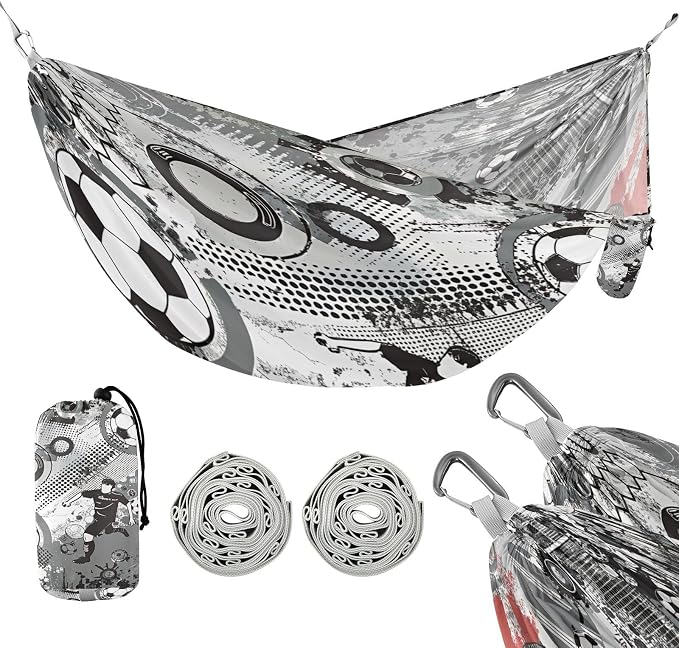 Soccer Graffiti Camping Hammock, Portable Lightweight Single Hammock with Tree Straps and Aluminum Carabiners, 114" x 54" Travel Hammock for Hiking Backpacking Beach