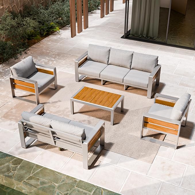 ZANDOR Aluminum Outdoor Patio Furniture Set with Coffee Table, 7 Seats Patio Conversation Sets with Washable Thick Cushions, Outdoor Sectional for Porch, Backyard, Deck, Garden & Poolside, Silver