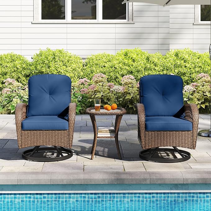 HAPPYGRILL 3 Pieces Outdoor Rattan Swivel Rocker Chairs Set with Tempered Glass Side Table, Outside Sectional Patio Conversation Furniture Set with Swivel Rocking Chairs for Deck Porch Garden (Navy)