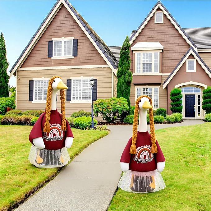 Graduation Porch Goose Outfit 2026, Vintage Senior Portrait Porch Decor, Rainbow Dress with Double Braids for 23" Gooses Statue, Graduation Party Patio Yard Decoration, Grad Gift for Her