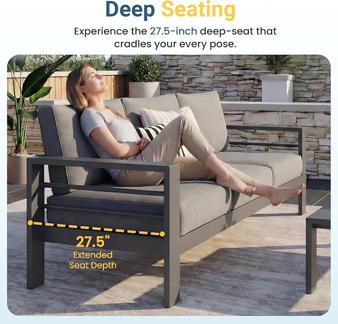 Wisteria Lane 5 Pieces Aluminum Patio Furniture Set with Umbrella, All Weather Oversized Outdoor Furniture Set with Deep Seat and Back Cushion, Patio Conversation Sets with Wide armrest, Gray & Gray