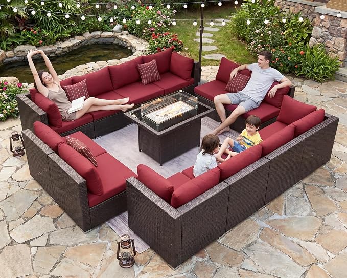 NICESOUL 13 Piece Patio Furniture w/Fireplace, Elegant Outdoor Seating w/Firepit, XL 29.3'' High Back Sectional Sofa, All-Weather Rattan Deck Couch, Modular Sturdy Conversation Set, Brown & Red