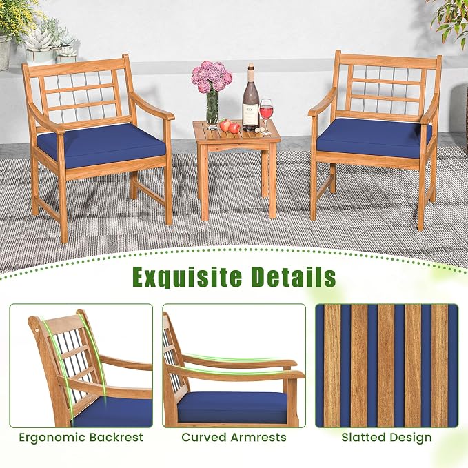 HAPPYGRILL 3 Piece Acacia Wood Patio Conversation Set, Outdoor Bistro Set with Cushions, Solid Wood Frame, 2 Armchairs & Coffee Table Set for Backyard, Porch, Poolside (Navy)