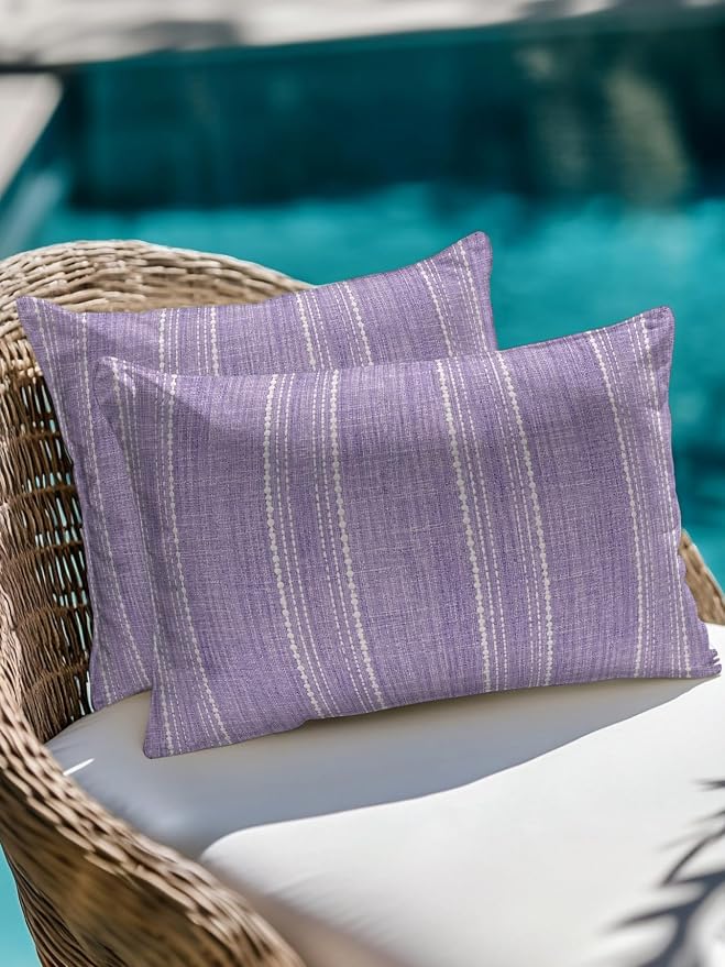 Waterproof Outdoor Pillow Set of 2 Lavender Linen Stripes Decorative Throw Pillows Cover & Insert 20x12 Inch Lumbar Pillowcase Parallel Vertical Lines Pillows for Couch Sofa Bed Patio Furniture