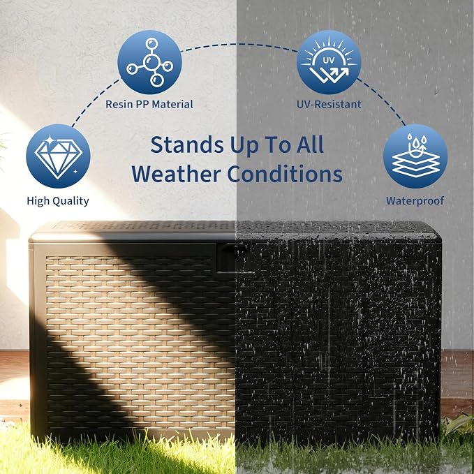 Jojoka 73 Gallon Lockable Resin Deck Box – Waterproof & UV-Resistant Outdoor Storage Bench – Rattan Style, Weatherproof, Side Handles – Patio Cushions, Garden Tools, Pool Accessories – Black, Webbing