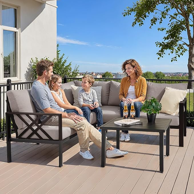 Patio Furniture Set, 6-piece Metal Sectional Furniture Sofa with Coffee Table, L Shaped Outdoor Couch with Olefin Cushion, Highback Frame, Outdoor Patio Conversation Sets for Balcony Backyard, Grey